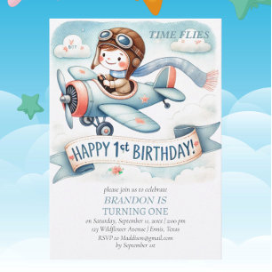 Invitación Avión de niño de cumpleaños de arriba y abajo