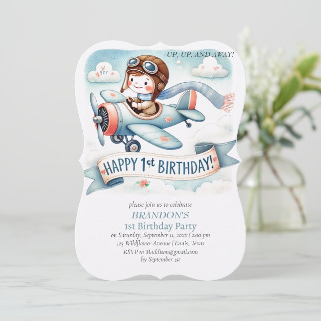Invitación Avión de niño de cumpleaños de arriba y abajo (Anverso de pie)