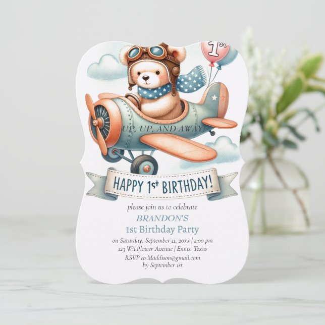 Invitación Avión de niño de cumpleaños de arriba y abajo (Anverso de pie)