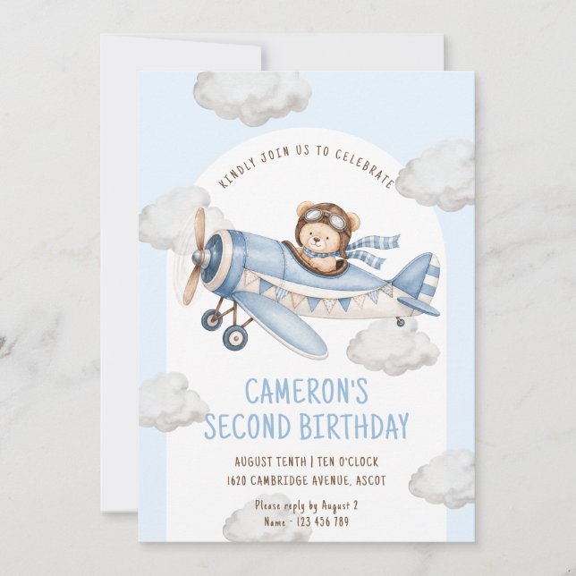 Invitación Avión de osito de peluche segundo cumpleaños (Anverso)