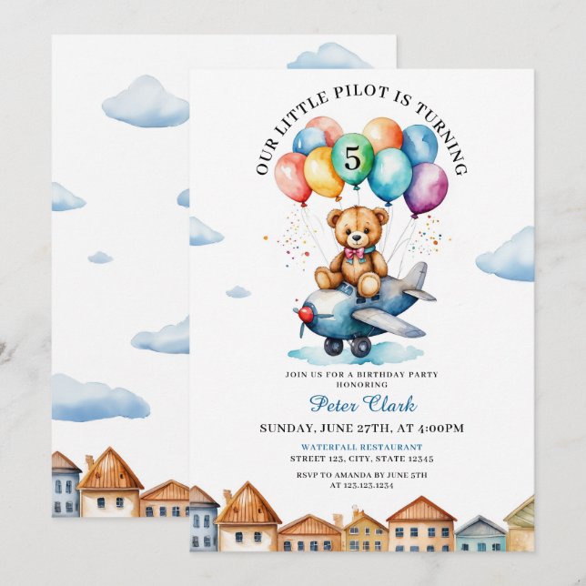 Invitación Avión de Oso de Teddy Marrón Cute 5 cumpleaños (Anverso / Reverso)