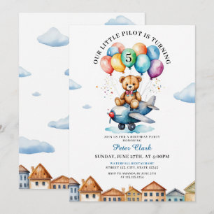 Invitación Avión de Oso de Teddy Marrón Cute 5 cumpleaños