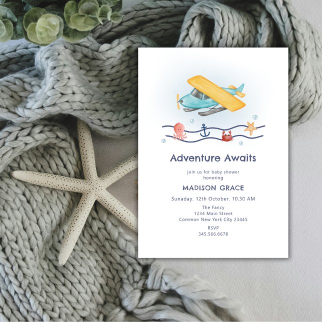 Invitación Avión de verano de aventura en el mar Baby Shower (Summer Travel Adventure Sea Airplane Baby Shower Invitation)
