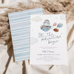Invitación Avión de Vintage Travel Adventure Baby Shower<br><div class="desc">Celebra a la futura madre con esta invitación a la ducha de bebé con temas de viajes azules y marrones,  que incluye un ilustracion acuarela de un lindo hipopótamo en un avión con globos,  nubes y estrellas y un lado inverso de rayas azules.</div>