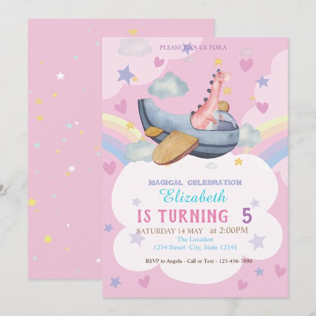 Invitación Avión Dino Acuarela Cumpleaños Arcoíris (Anverso / Reverso)