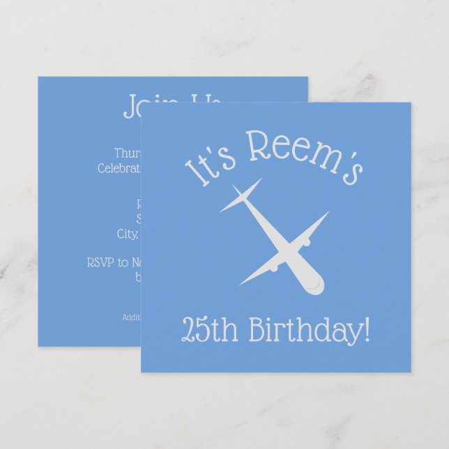 Invitación Avión en Blue Elegalized Birday (Anverso / Reverso)