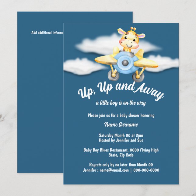 Invitación Avión girafo bebé ducha avión piloto azul (Anverso / Reverso)