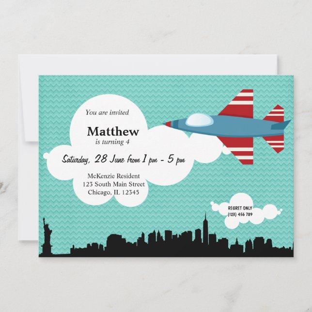 Invitación Avión Jet Tema de cumpleaños (azul) (Anverso)