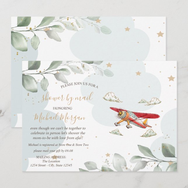 Invitación Avión, Nubes, Estrellas, Baby Shower Por Correo (Anverso / Reverso)