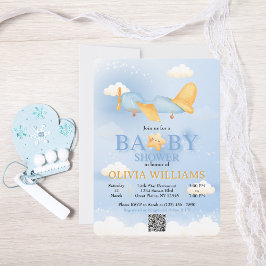 Invitación Avión, nubes y estrellas, azul, niño bebé, lindo