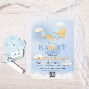 Invitación Avión, nubes y estrellas, azul, niño bebé, lindo