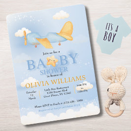 Invitación Avión, nubes y estrellas, azul, niño bebé, lindo