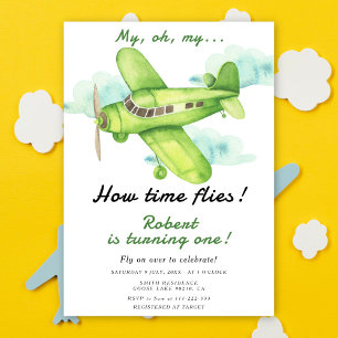 Invitación Avión Oh Mi Tiempo Vuela Cumpleaños Viaje Primero