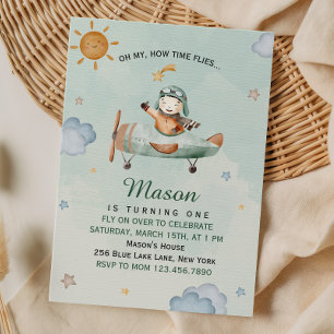 Invitación Avión Pequeño Piloto Cielo Verde Primer Cumpleaños