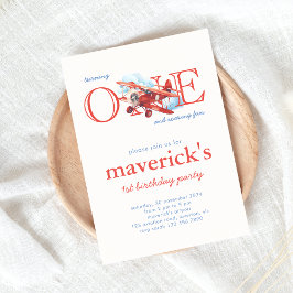 Invitación Avión Rojo Vintage Primer Niño de Cumpleaños