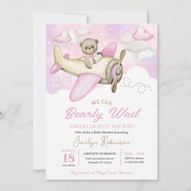 Invitación Avión rosa Volando Nubes de Oso de Teddy Baby Show (Anverso)