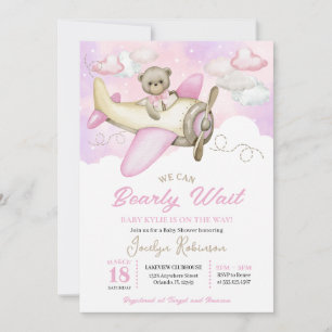 Invitación Avión rosa Volando Nubes de Oso de Teddy Baby Show