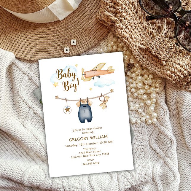 Invitación Avión Sky Baby Shower de Adventure Boy Clothesline (Adventure Boy Clothesline Airplane Sky Baby Shower Invitation)