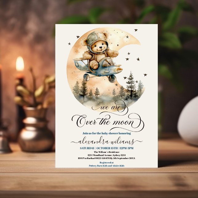 Invitación Avión sobre el Baby Shower del oso de peluche luna (Subido por el creador)