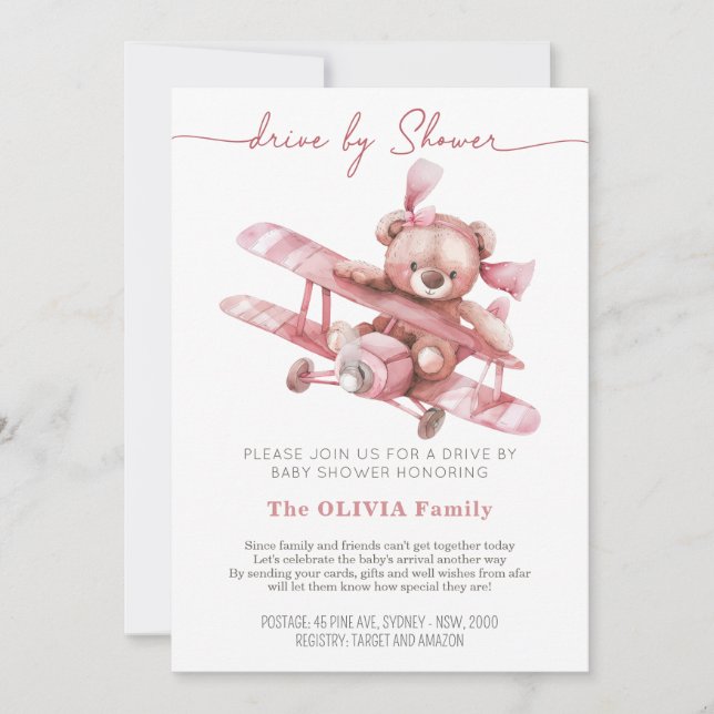 Invitación Avión Teddy Bear | Baby Shower por Mail Pink (Anverso)