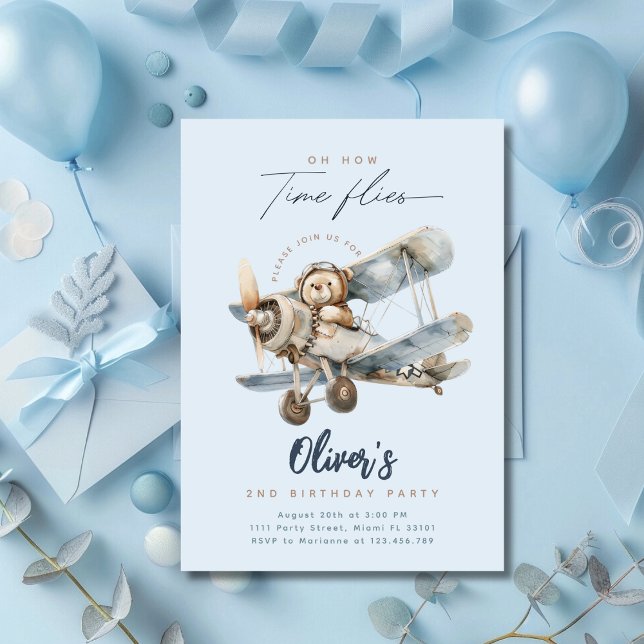 Invitación Avión Teddy Bear Blue Time Flies Cumpleaños (Subido por el creador)