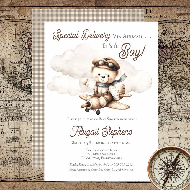 Invitación Avión Teddy Bear entrega especial Baby Shower (Cute "Special Delivery Via Airmail . . . It's A Boy!" Teddy Bear | Airplane Baby Shower Invitation)