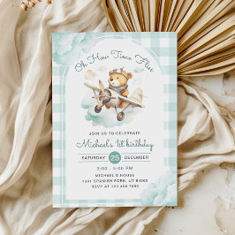 Invitación Avión Teddy Bear Pastel Tiempo Vuelos Cumpleaños