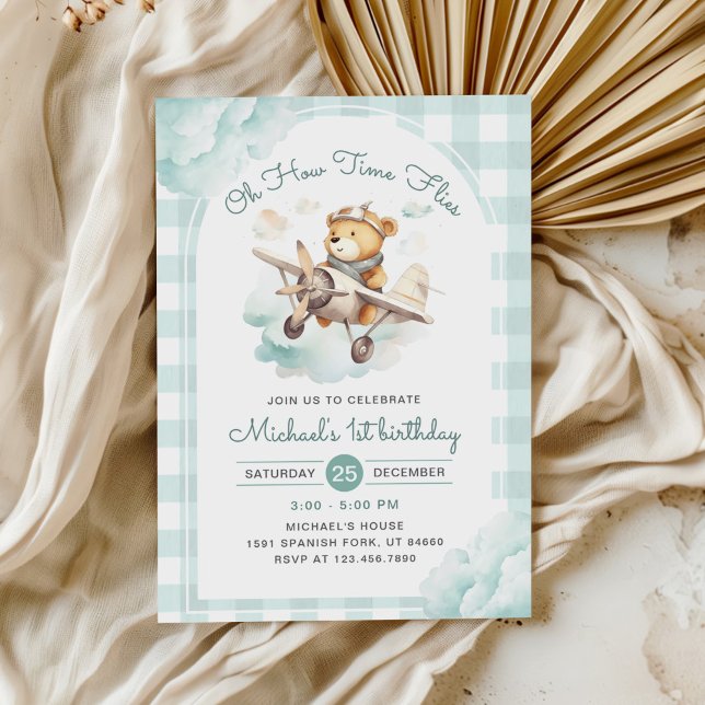Invitación Avión Teddy Bear Pastel Tiempo Vuelos Cumpleaños (Subido por el creador)