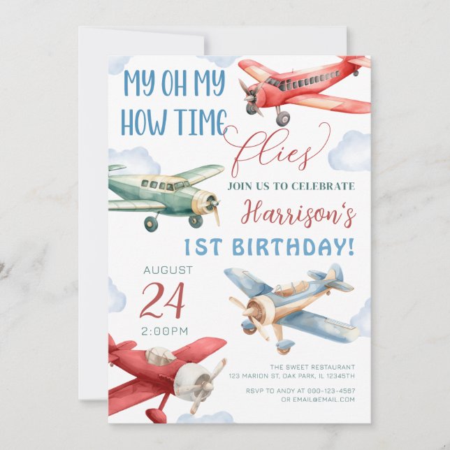 Invitación Avión Tiempo vuela Aniversario del Avión (Anverso)