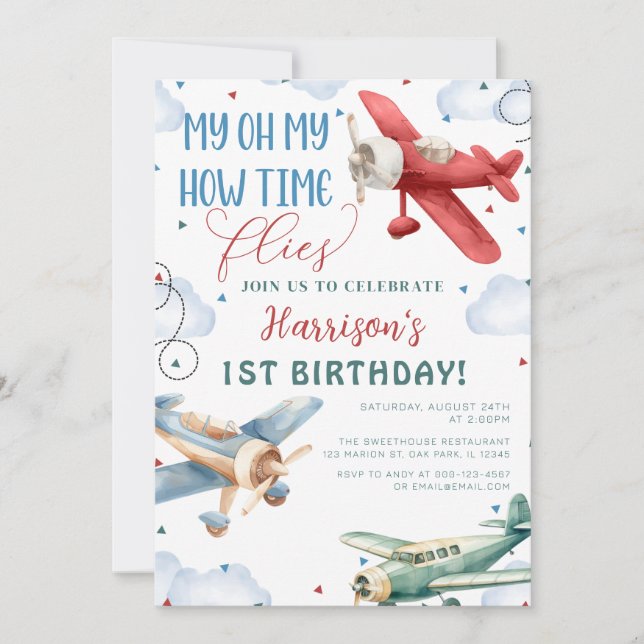 Invitación Avión Tiempo vuela El Fiesta del avión Cumpleaños (Anverso)
