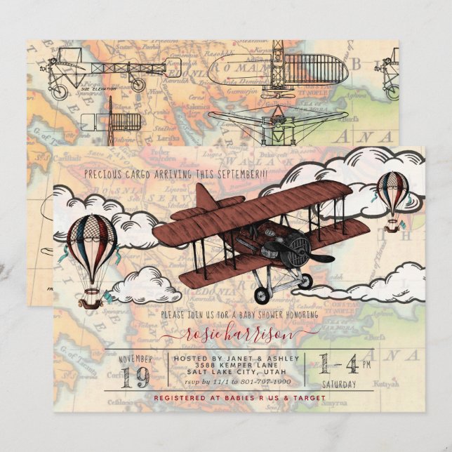 Invitación Avión Vintage | Baby Shower de viajes (Anverso / Reverso)