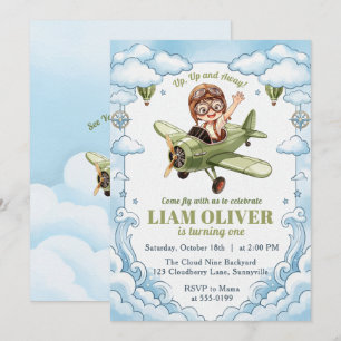 Invitación Avión Vintage Biplano Niño Cumpleaños 1º Despegue