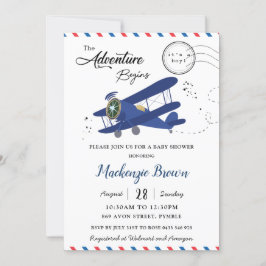 Invitación Avión Vintage Plano Blue Gold Boy Baby Shower