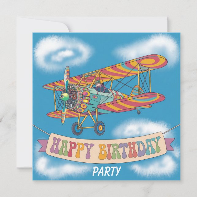 Invitación Avión volando sobre banner de feliz cumpleaños (Anverso)