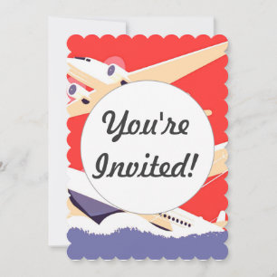 Invitación Avión volando vintage WPA colorido