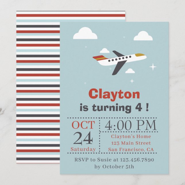 Invitación Avión y niños nubes Fiesta de cumpleaños (Anverso / Reverso)