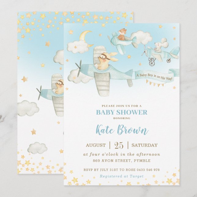 Invitación Aviones de animales muertos Stars Sky Baby Shower  (Anverso / Reverso)