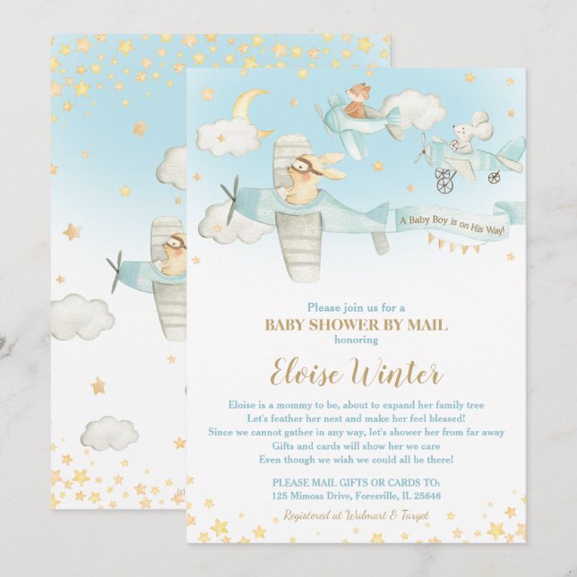 Invitación Aviones de animales muertos vuelan a Baby Shower p (Anverso / Reverso)