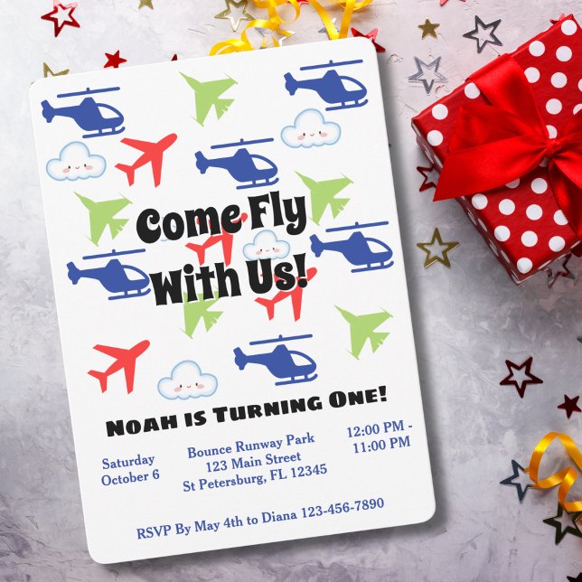 Invitación Aviones divertidos coloridos, niño primer cumpleañ (Subido por el creador)