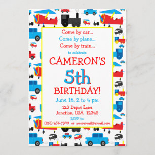 Invitación Aviones, trenes y vehículos de transporte Cumpleañ