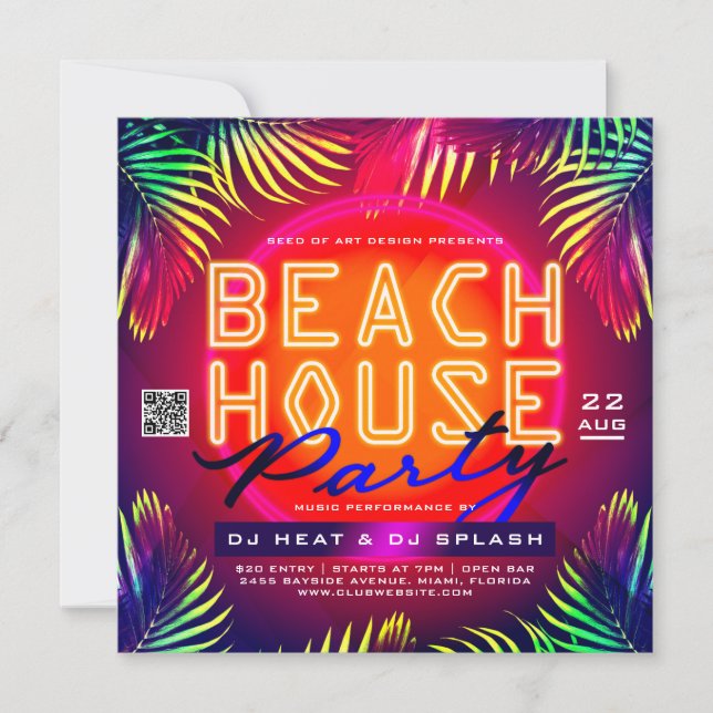 Invitación Aviso de evento de Fiesta de Beach House Club desc (Anverso)