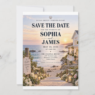 Invitación Aviso de fecha de Boda Brisa Oceánica Puesta de So