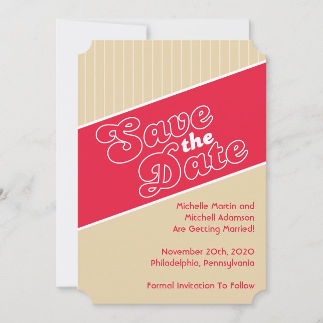 Invitación Aviso de fecha de boda inspirado en béisbol (Rojo  (Anverso)