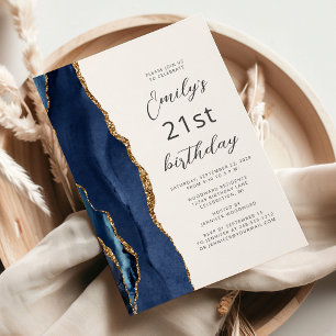 Invitación Aviso de la Marina Blue Gold Agate 21 cumpleaños