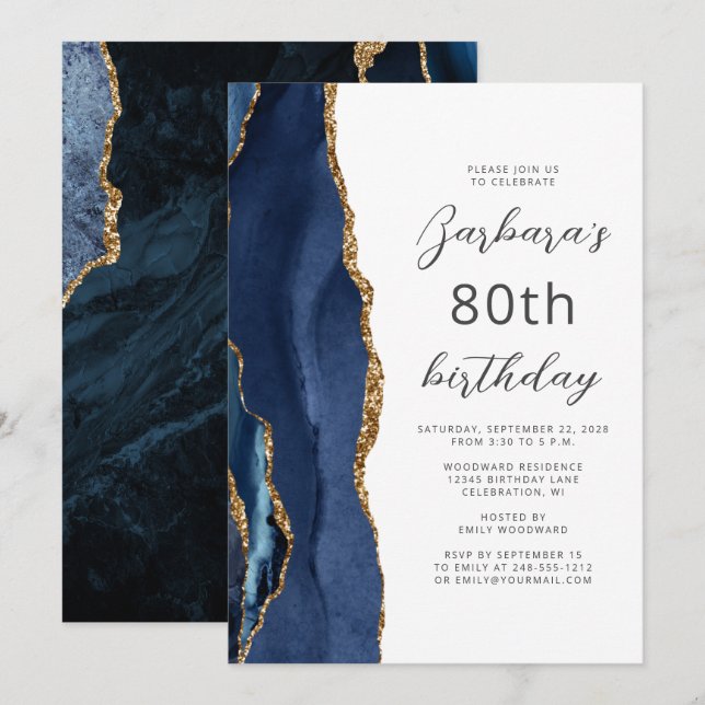 Invitación Aviso de la Marina Blue Gold Agate 80 cumpleaños (Anverso / Reverso)