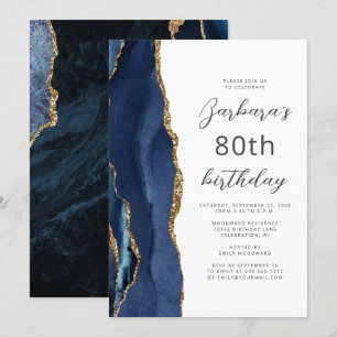 Invitación Aviso de la Marina Blue Gold Agate 80 cumpleaños