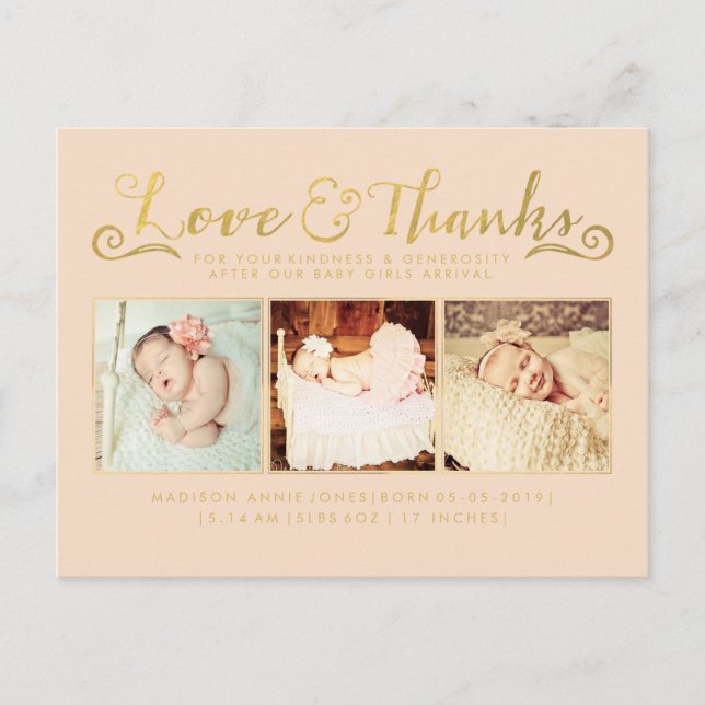 Invitación Aviso de nacimiento de bebé dorado y ver postal (Anverso)