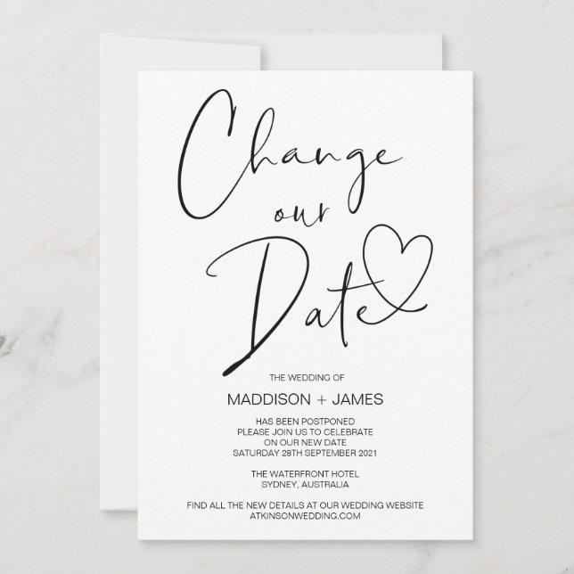 Invitación Aviso pospuesto del boda, cambie nuestro Boda de f (Anverso)