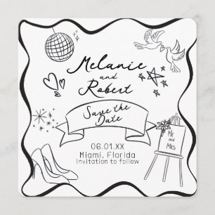 Invitación Avisos de Guardar Fecha con Garabatos Caprichosos