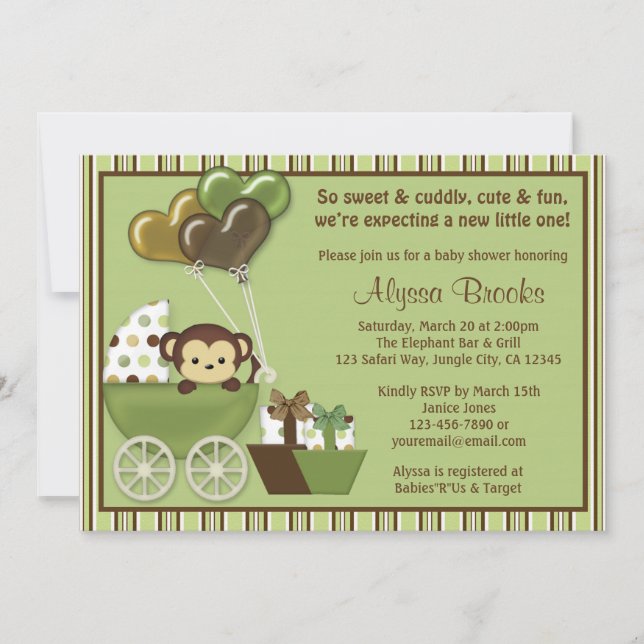 Invitación Avisos de portadora de mono v1 Green Baby Shower (Anverso)